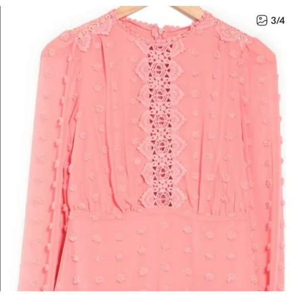 Love x Design Long Sleeve Mini Dress Swiss Dot Chiffon Lace Pink Size Small New - Picture 9 of 10